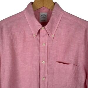 Brooks Brother Irish Linen Polo Shirt Mens L Pink Short Sleeve Button Down